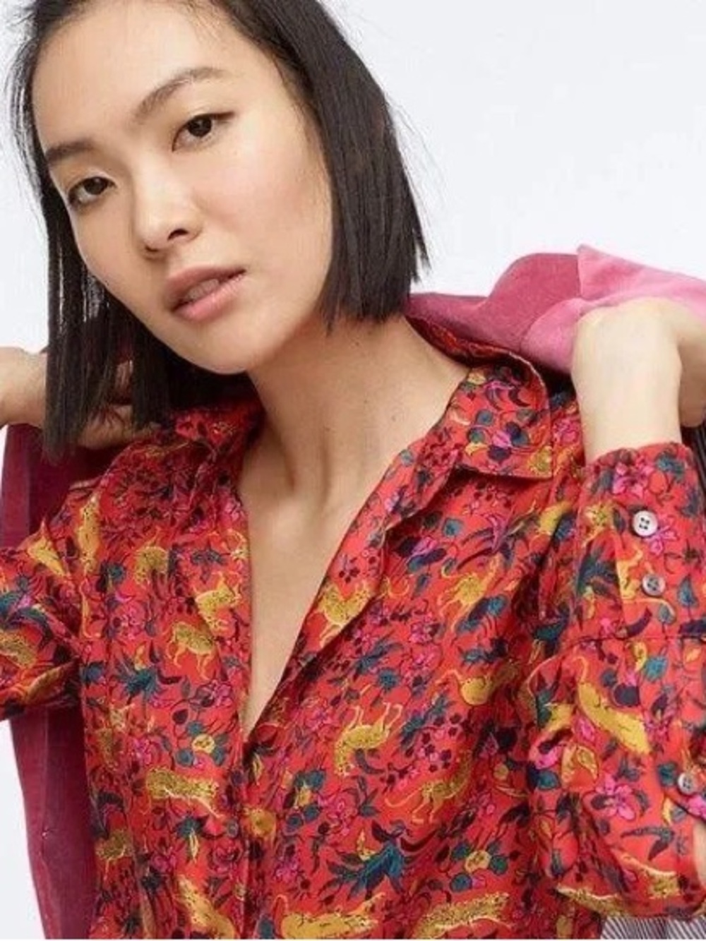 J. Crew Collection silk twill buttondown cerise red jungle cat jaguar print 000